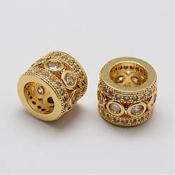 Golden Brass Micro Pave Cubic Zirconia Beads, Column, Lead Free & Nickel Free, Golden, 11x9mm, Hole: 7mm