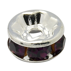 Amethyst Rondelle Silver Brass Grade A Rhinestone Spacer Beads, Straight Flange, Amethyst, 6x3mm, Hole: 1mm