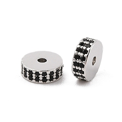 Черный Стойки обшивки латунь микро проложить кубического циркония бусы, долговечный, без свинца и без кадмия, Плоский круглый / диск, Реальная платина, чёрные, 7.5x3 мм, отверстие : 1.4 мм