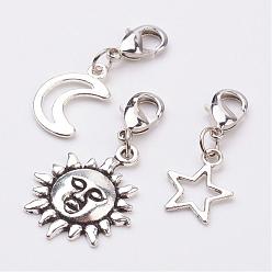 Antique Silver Alloy Pendants, with Brass Lobster Claw Clasps, Moon, Sun and Star, Antique Silver, 29~36mm, 3pcs/set