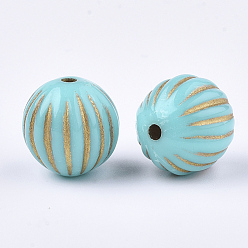 Golden Plated Plating Acrylic Beads, Metal Enlaced, Corrugated, Round, Turquoise, Golden Plated, 14mm, Hole: 2mm, about 340pcs/500g