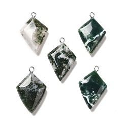 Moss Agate Natural Moss Agate Pendants, Kite Charms, with Stainless Steel Color Tone Stainless Steel Loops, 28x18x6~7mm, Hole: 2mm