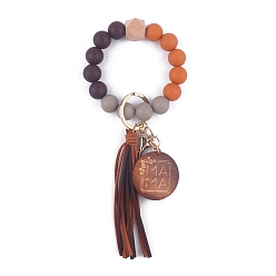 Chocolate Silicone Beaded Wristlet Keychain, with Imitation Leather Tassel and Word Mama Board, for Women Car Key or Bag Decoration, Chocolate, 20cm