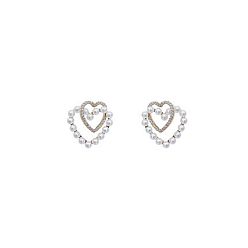 Platinum Alloy Double Heart Stud Earrings with Imitation Pearl for Women, Platinum, 23x19mm