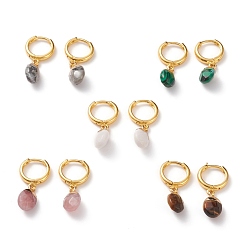 Mixed Stone Brass Huggie Hoop Earring, with Oval Natural & Synthetic Gemstone Charms, Golden, 27mm, Pin: 1mm