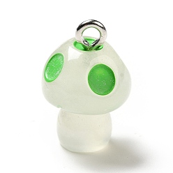 Lime Green Spray Painted Luminous Resin Pendants, Mushroom Charm, with Glitter Powder and Platinum Tone Iron Loops, Lime Green, 21.5x13.5mm, Hole: 2.5mm