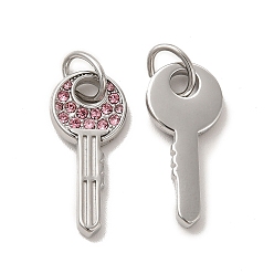 Light Rose 304 Stainless Steel Pendants, with Rhinestone and Jump Rings, Key Charms, Stainless Steel Color, Light Rose, 22x10x2mm, Hole: 4x2mm
