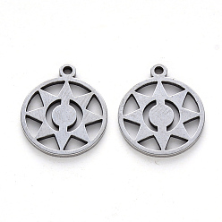 Stainless Steel Color 304 Stainless Steel Pendants, Laser Cut, Flat Round with Sun, Stainless Steel Color, 16.5x14x1mm, Hole: 1.4mm