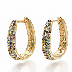 Real 18K Gold Plated Brass Micro Pave Colorful Cubic Zirconia Hoop Earrings, Real 16K Gold Plated, 20x16.5x4mm, Pin: 1x1.4mm