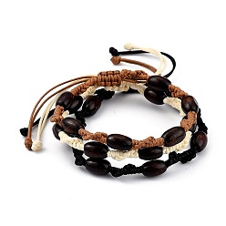 Mixed Color Adjustable Korean Waxed Polyester Cord Braided Bead Bracelets Sets, with Spray Painted Natural Maple Wood Barrel Beads, Mixed Color, Inner Diameter: 2~3-1/2 inch(5.2~9.1cm), 3pcs/set