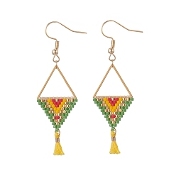 Lime Green Glass Seed Braided Triangle Dangle Earrings, with Polycotton Tassels, Golden 304 Stainless Steel Triangle Jewelry for Women, Lime Green, 62mm, Pin: 0.7mm