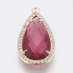 Deep Pink Brass Glass Pendants, with Cubic Zirconia, Faceted, teardrop, Light Gold, Deep Pink, 27.5x14x4mm, Hole: 1.2mm