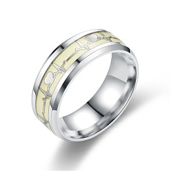 Silver Luminous Glow In The Dark Enamel Heart Beat Finger Ring, Stainless Steel Jewelry, Silver, US Size 12 3/4(22mm)