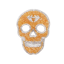 Topaz Halloween Skull Shape Hotfix Rhinestone, Rhinestone Appliques, for Costume, Hat, Bag, Topaz, 89x63mm