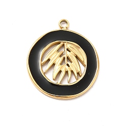 Black 304 Stainless Steel Enamel Pendants, Golden, Flat Round with Leaf Charm, Black, 18x16x1mm, Hole: 1.6mm