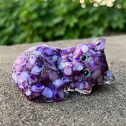 Lepidolite Resin Sleeping Cat Display Decoration, with Natural Lepidolite Chips inside Statues for Home Office Decorations, 75x52x40mm