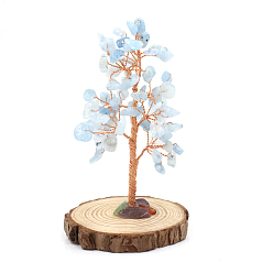 Aquamarine Natural Aquamarine Chips Tree Decorations, Wood Base with Copper Wire Feng Shui Energy Stone Gift for Home Office Desktop Decoration, 120mm