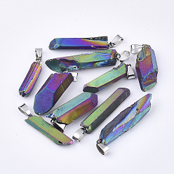 Colorful Electroplate Natural Quartz Crystal Pendants, with Iron Findings, Nuggets, Platinum, Colorful, 25~50x5~16x5~10mm, Hole: 4x7mm