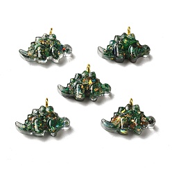 Dark Green Transparent Resin Pendants, Stegosaurus Dinosaur Charms, with Natural Opal and Dyed Imperial Jasper, Golden, Dark Green, 17x24x7.5mm, Hole: 2mm