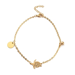 Golden Ion Plating(IP) 304 Stainless Steel Tortoise Link Anklet with Ball Charms for Women, Golden, 8-7/8~9-1/4 inch(22.5~23.5cm)
