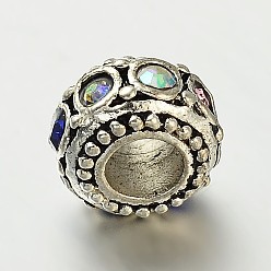 Colorful Antique Silver Zinc Alloy Rhinestone Large Hole European Rondelle Beads, Colorful, 10~12x6mm, Hole: 4.5mm