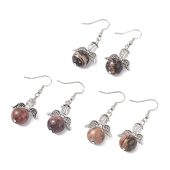 Родонит Круглые серьги с подвесками из бисера из натурального родонита, платиновые латунные украшения для женщин, без кадмия и без свинца, 45 мм, штифты : 0.7 мм