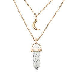 Howlite Natural Howlite Cone Pendant Double Layer Necklace, with Moon Charms, 19.69 inch(50cm)