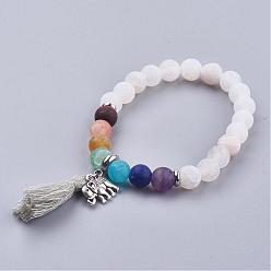 White Frosted Mixed Gemstone Beaded Stretch Bracelets, with Alloy Findings & Cotton Thread Tassels, White, 2 inch(51mm)