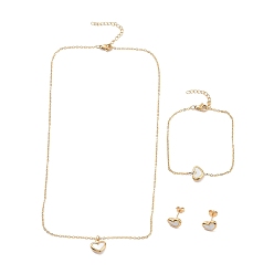 Golden Vacuum Plating Heart 304 Stainless Steel Shell Jewelry Sets, Stud Earrings & Pendant Necklaces & Link Bracelets, Golden, 17.68 inch(449mm), 7-1/2 inch(19cm), 8.5x11mm, Pin: 0.8mm