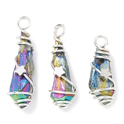 Platinum Electroplated Raw Rough Natural Quartz Crystal Copper Wire Wrapped Pendants, Rainbow Plated Teardrop Charms with Brass Star Beads, Platinum, 25~33x9x8~9mm, Hole: 3mm