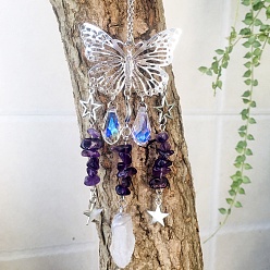 Amethyst Metal Hollow Butterfly Hanging Ornaments, Natural Amethyst Chip and Glass Teardrop Tassel Suncatchers for Home Outdoor Decoration, 210~230mm