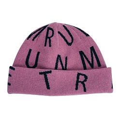 Old Rose Polyacrylonitrile Fiber Yarn Cuffed Beanies Cap, Word Pattern Winter Warmer Knit Hat for Women, Old Rose, 560~580mm