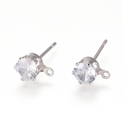 Claro Hallazgos de aretes de bronce, con 316 l pasador quirúrgico de acero inoxidable, circonita cúbica y asa, larga duración plateado, plano y redondo, Platino verdadero plateado, Claro, 10x8x6 mm, agujero: 1 mm, pin: 0.7 mm