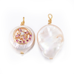 Rose Vieux Pendentifs de perles d'eau douce de culture naturelle, avec les accessoires de zircons en laiton, pépites avec plat rond et étoile, or, vieux rose, 17~26x11~16x5~11mm, Trou: 1.6~2mm