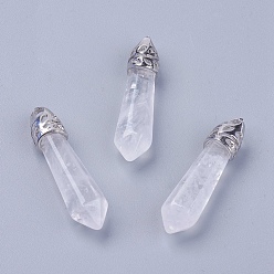 Quartz Crystal Natural Quartz Crystal Pointed Pendants, Rock Crystal Pendants, with Alloy Findings, Bullet, Platinum, Cadmium Free & Lead Free, 33~40x8~9mm, Hole: 3x4mm
