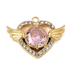 Pink 304 из нержавеющей стали горный хрусталь подвески, подвески в виде сердца и крыльев, ионное покрытие (ip), реальный 18 k позолоченный, розовые, 12x16x3.5 мм, отверстие : 1 мм