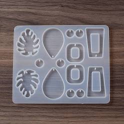 White DIY Pendant Food Grade Silicone Molds, Resin Casting Molds, for UV Resin, Epoxy Resin Jewelry Makings, Monstera Leaf/Teardrop/Trapezoid, White, 122x147x7mm, Hole: 2mm, Inner Diameter: 12~48x12~35x6mm