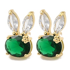 Green Rack Plating Real 18K Gold Plated Brass Rabbit Stud Earrings, with Glass, Long-Lasting Plated, Lead Free & Cadmium Free, Green, 17x10mm