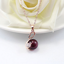 Dark Red Swan with Glass Ball Perfume Bottle Necklace with Brass Chains for Women, Rose Gold, Dark Red, 19.69 inch(50cm)
