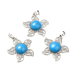 Synthetic Turquoise Synthetic Turquoise Pendants, Flower Charms, with Rack Plating Platinum Tone Brass Findings, Cadmium Free & Lead Free, 38x37x7~7.5mm, Hole: 8x5mm