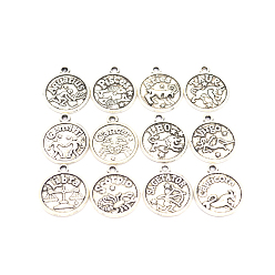 Antique Silver Tibetan Style Alloy Pendants, Flat Round with Twelve Constellation Pattern, Antique Silver, 20x17mm, Hole: 2mm, 12pcs/set