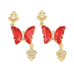 Red Brass Micro Pave Cubic Zirconia Connector Charms, Butterfly with Flower Links, with Glass, Lead Free & Cadmium Free, Long-Lasting Plated, Rack Plating, Real 18K Gold Plated, Red, 46x21x4mm, Hole: 1.4mm