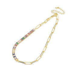 Real 18K Gold Plated Colorful Cubic Zirconia & Paperclip Chain Necklace for Girl Women Gift, with Rack Plating Brass Chain Extender & Lobster Claw Clasps, Lead Free & Cadmium Free, Real 18K Gold Plated, 13-5/8~13-3/4 inch(34.6~34.8cm)