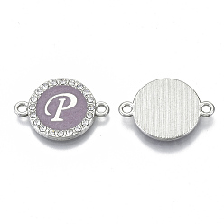 Letter P Alloy Enamel Links Connectors, with Crystal Rhinestones, Flat Round with Letter, Silver Color Plated, Letter.P, 22x16x2mm, Hole: 1.8mm