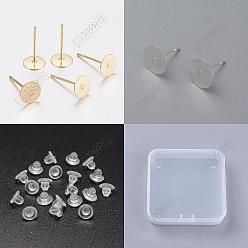 Золотой & Серебряный 200 шт. 2 цвета 304 детали серьги-гвоздики из нержавеющей стали, плоско-круглые, 200 гайки ушные пластиковые, золотой и серебряный, 10x0.3 мм, штифты : 12x0.7 мм, 100 шт / цвет
