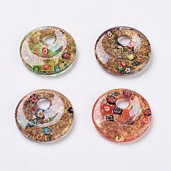 Mixed Color Handmade Lampwork Big Pendants, Inside Millefiori Glass, Flat Round, Mixed Color, 50x9mm, Hole: 11mm