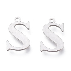 Letter S 304 Stainless Steel Charms, Laser Cut, Alphabet, Stainless Steel Color, Letter.S, 12.5x8x0.8mm, Hole: 1mm