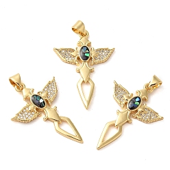 Black Cross with Wing Brass Micro Pave Clear Cubic Zirconia Pendants, with Shell & Enamel, Long-Lasting Plated, Lead Free & Cadmium Free, Real 18K Gold Plated, Black, 33x23x3mm, Hole: 5x4mm