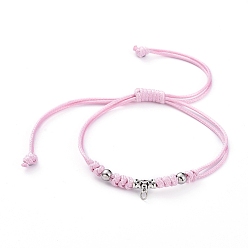 Pearl Pink Braided Bead Bracelets, with Waxed Polyester Cord, Tibetan Style Alloy Tube Bails and 304 Stainless Steel Beads, Antique Silver & Stainless Steel Color, Pearl Pink, 1 inch~4-3/8 inch((2.6~11cm)