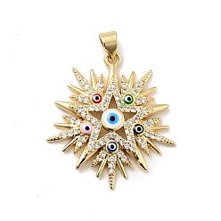 Colorful Rack Plating Brass Micro Pave Clear Cubic Zirconia Pendants, with Enamel, Cadmium Free & Lead Free, Star with Evil Eye, Real 18K Gold Plated, Colorful, 29x26x3.8mm, Hole: 3x3.5mm
